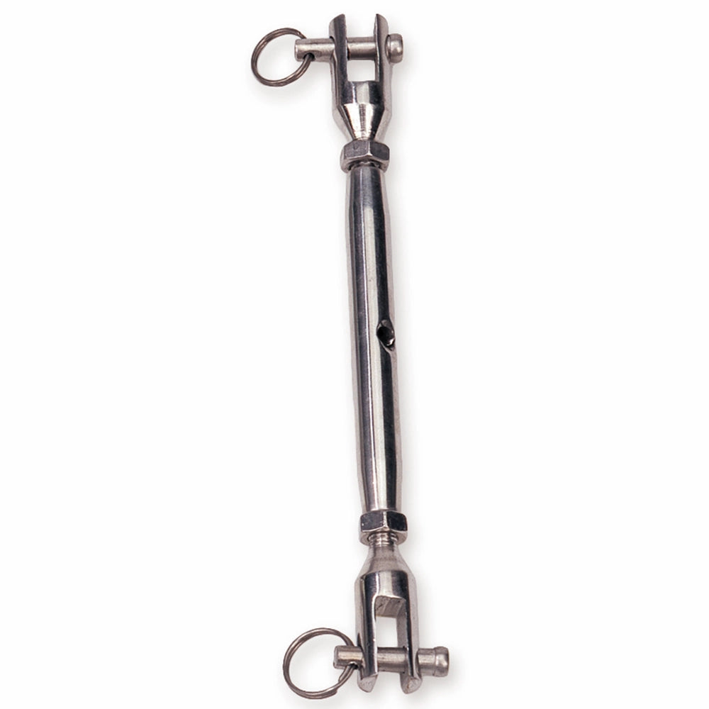 Vantskrue af metal med gevind, gaffelender og sikringsringe, justerbar midterdel.