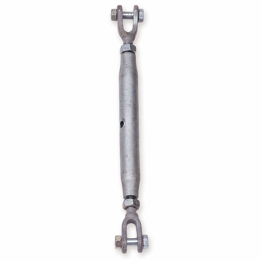 Vantskrue med cylindrisk midterdel og gafler i begge ender, fastgjort med bolte. Robust metalfinish.