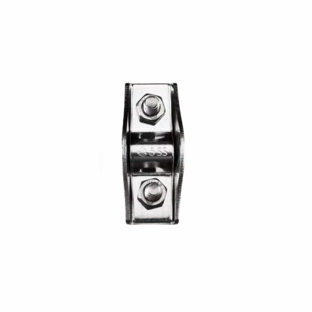 Symmetrisk wirelås i blankt metal med "5 SS" indgraveret, to bolte foroven og forneden.