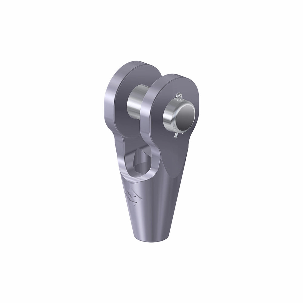 Metalprodukt med åben ende, synlig bolt/pin-mekanisme og glat, metallic overflade.