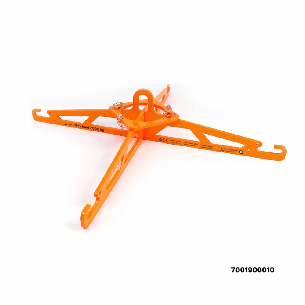 Orange løfteåg med centralt løftepunkt, kroge i enderne, max 2500 kg, CE-mærket.