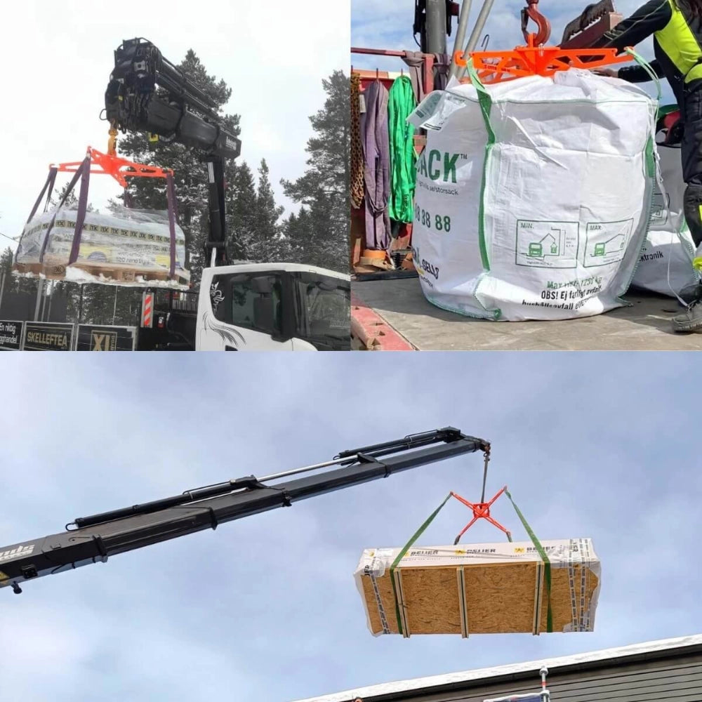 Orange løfteåg løfter store sække og paller med kran, viser dets styrke og anvendelse.