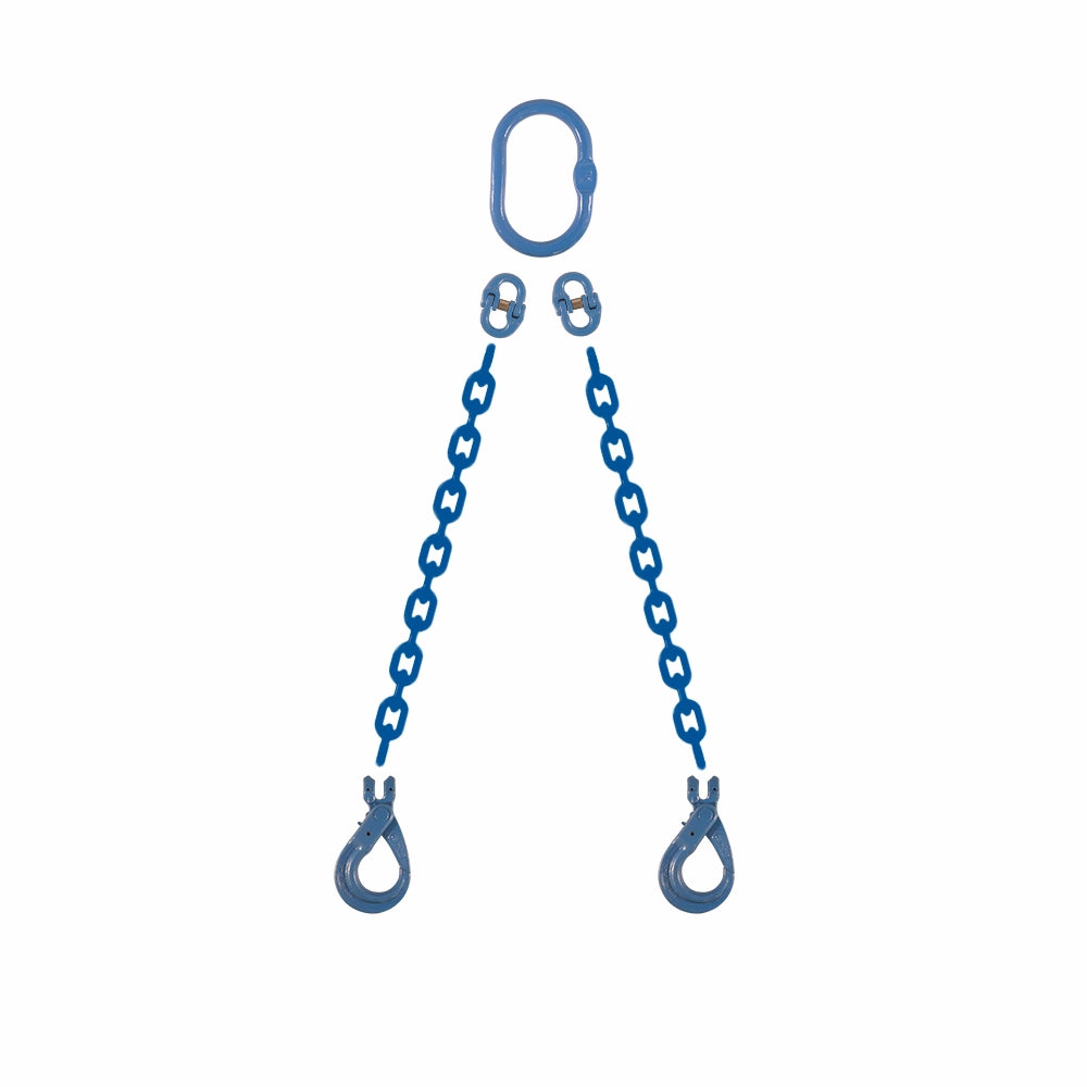 Kædesæt med to blå kæder med kroge, forbundet med stor oval ring øverst.