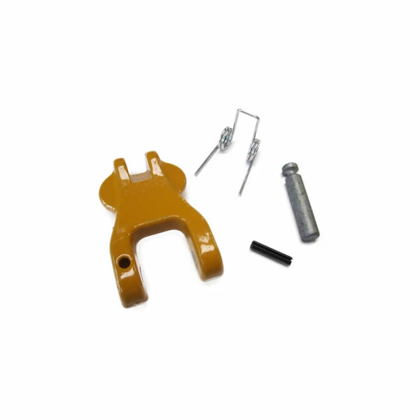 Reparationssæt med guldfarvet krog, metalstift, to fjedre og en lille sort komponent.