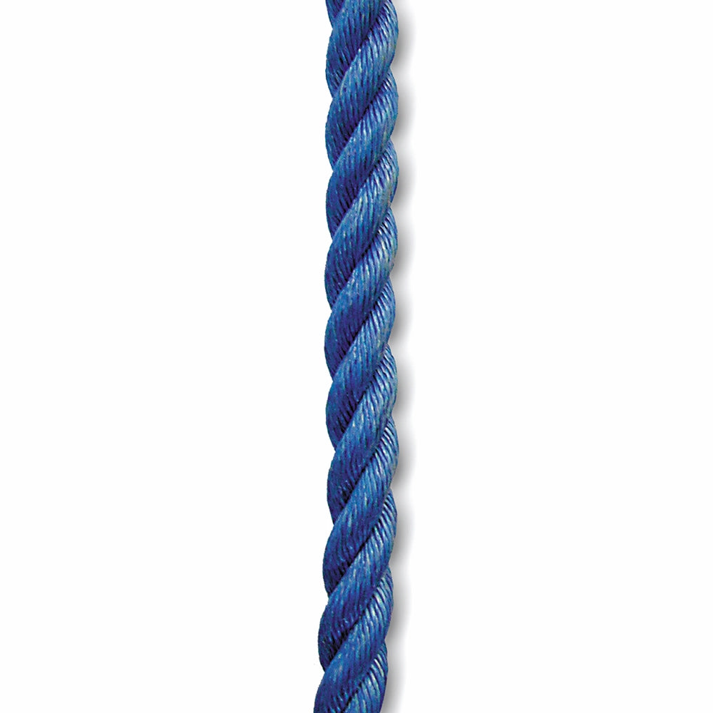 Nærbillede af et blåt, 3-slået tov med tydelig snoet struktur og levende farve.