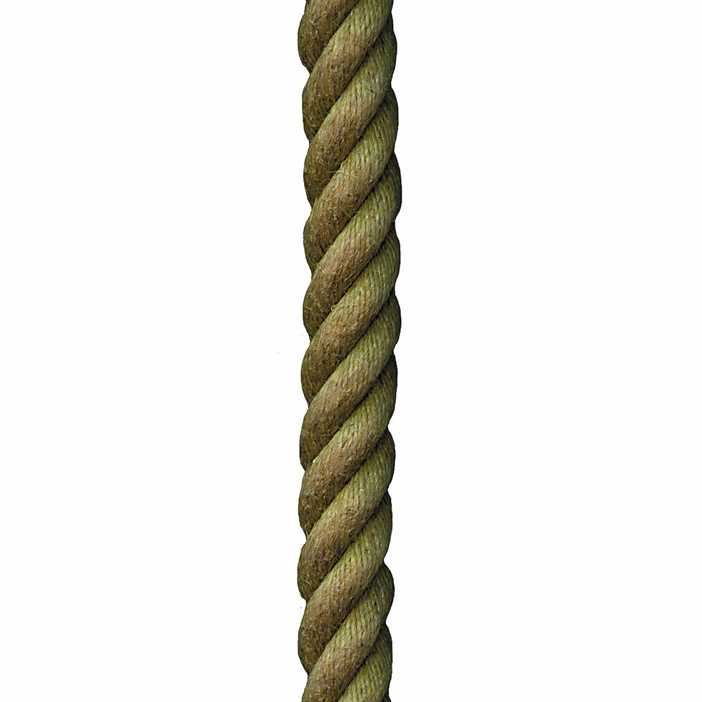 Nærbillede af snoet reb med naturlig fibret tekstur og grønlig-brun farve.