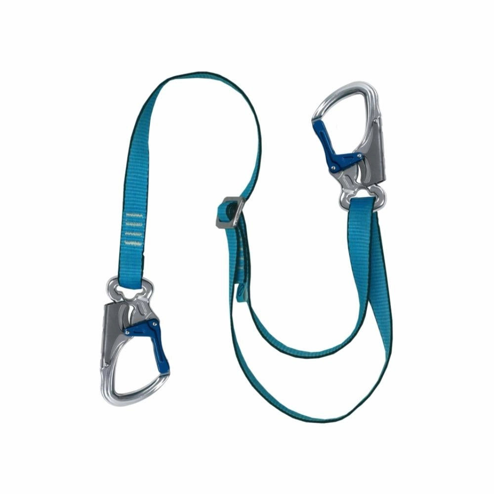 Blå justerbar støtteline med to metalkarabiner og låsemekanismer i hver ende.