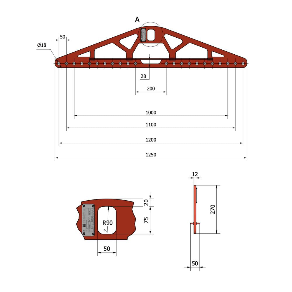 Rød trekantet løfteåg med huller, metalplade og mål: længde 1250 mm, Ø18 mm huller.