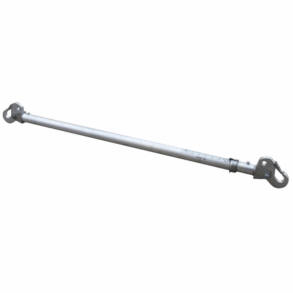 Justerbart aluminiums-spredningsværktøj med kroge og målemarkeringer langs længden.