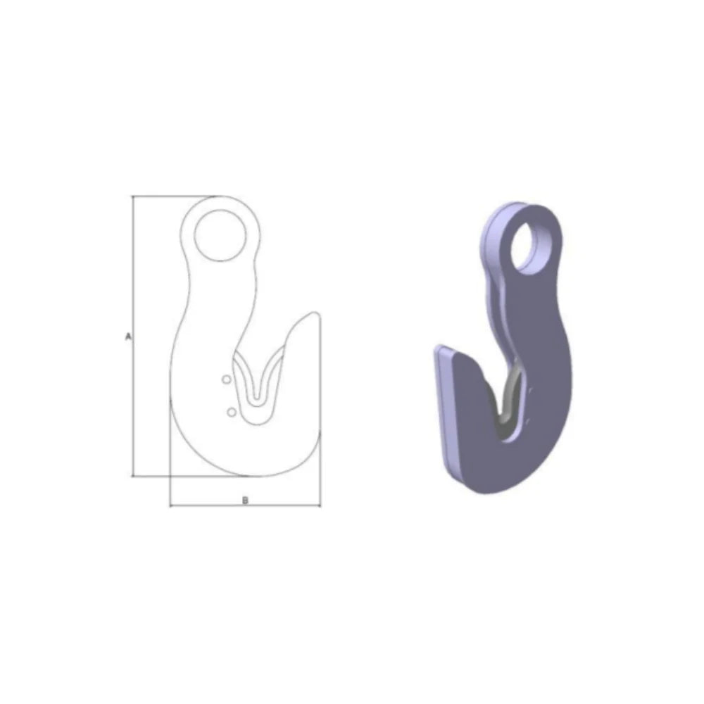 BPO Cutting Hook med rund åbning, buet form; teknisk tegning med "A" og "B" dimensioner.