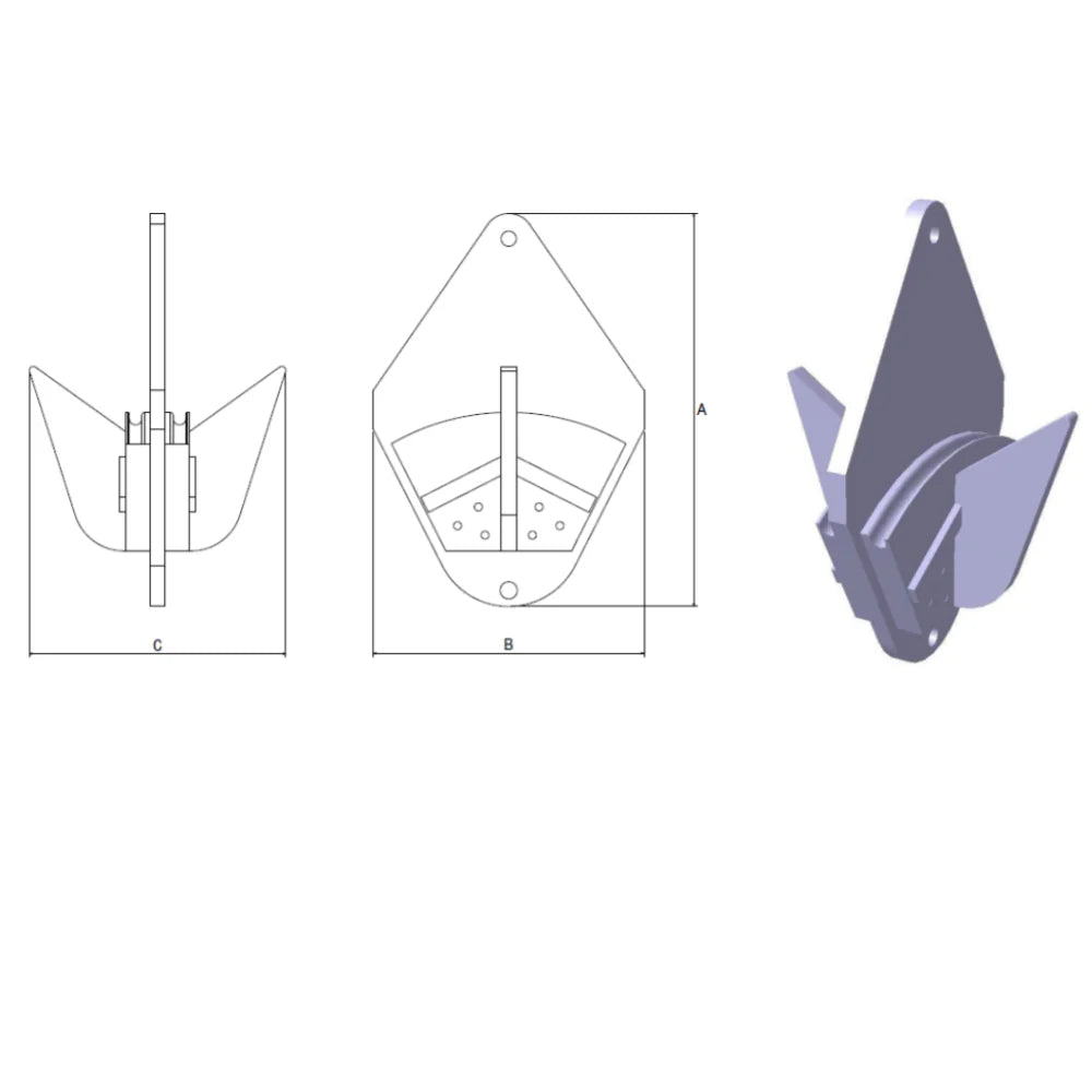 Teknisk diagram og 3D-model af Flatfish Long Prong med central akse, sidefinner og huller.