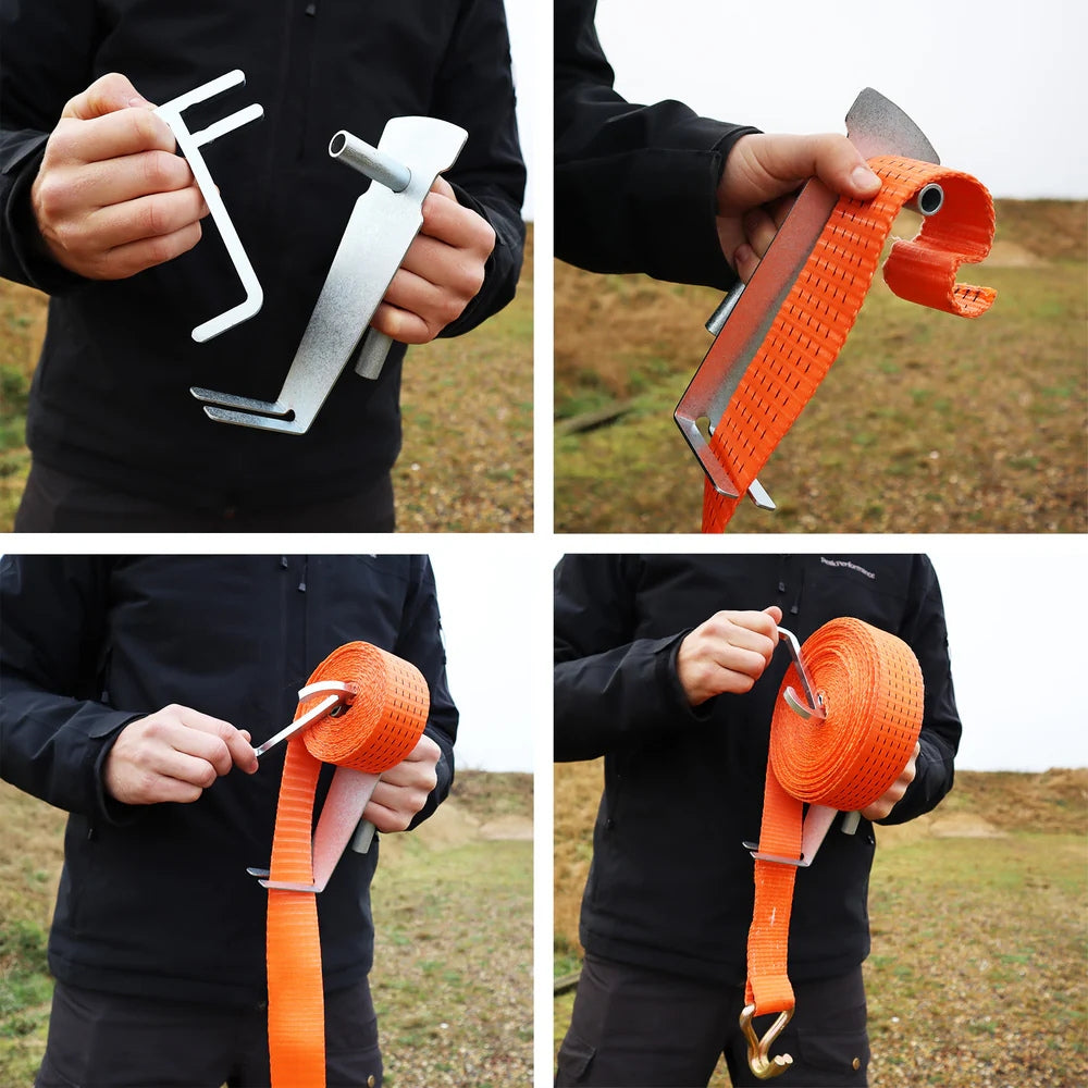 Mand viser Dynello båndopruller, ruller orange bånd op med metaldele, krog og cylinder.