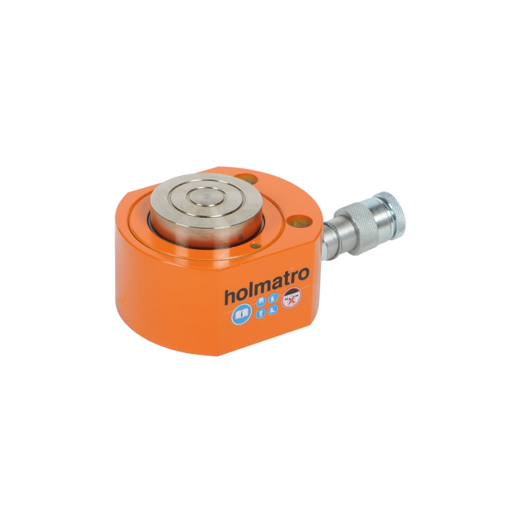 Kompakt orange Holmatro hydraulisk cylinder med logo og ikoner, tilslutningsport ses på siden.
