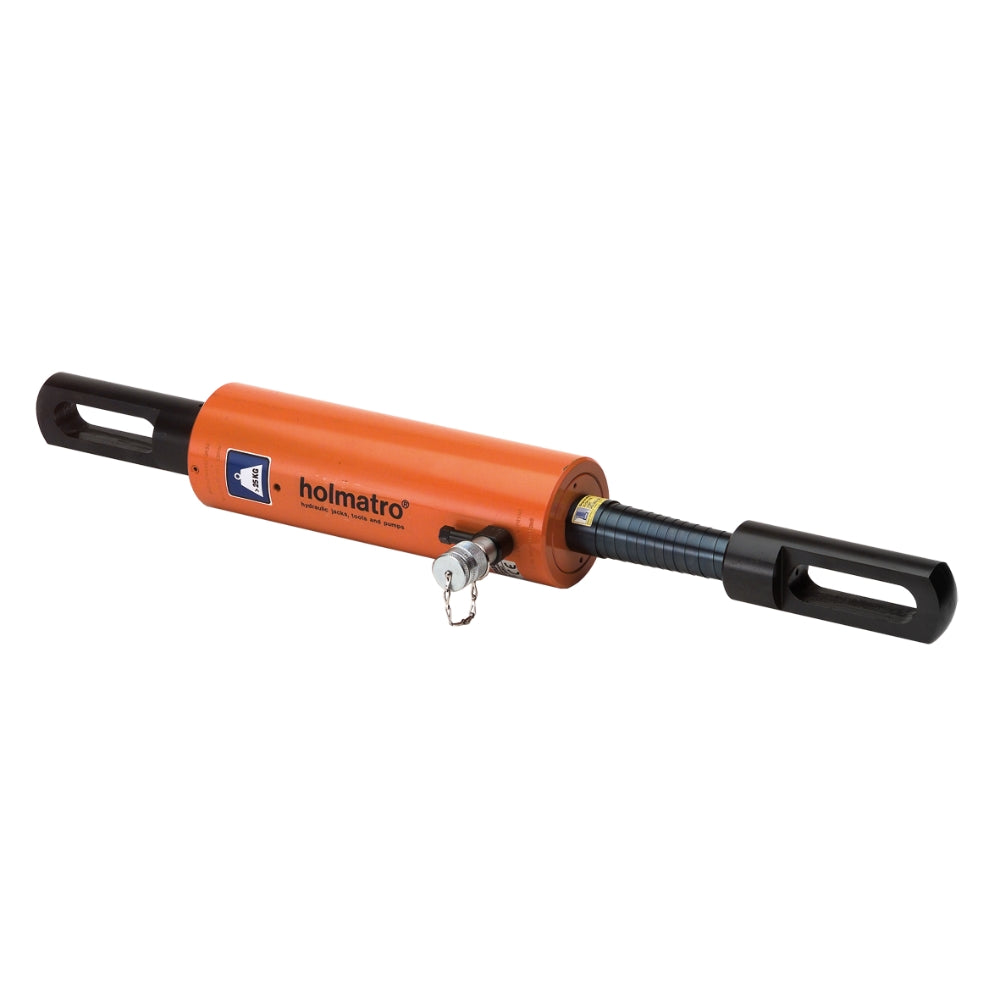 Orange Holmatro hydraulisk donkraft med sorte håndtag og synlig hydraulisk komponent.