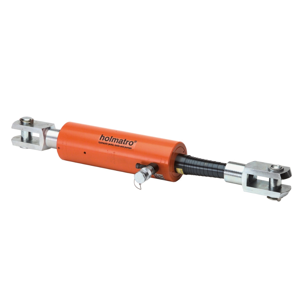 Holmatro orange hydraulisk donkraft med slangeforbindelse og metalender, 30 ton kapacitet.