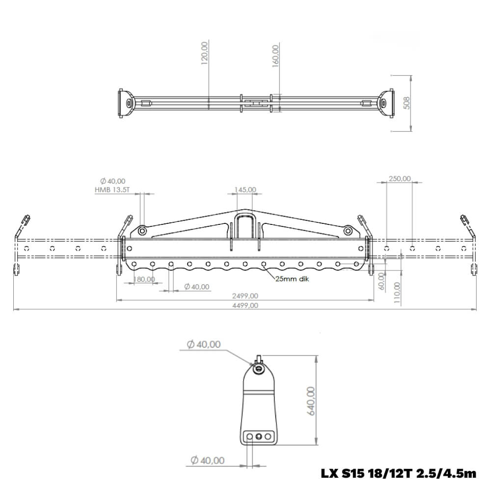 Teknisk tegning af LX løfteåg S15 med WLL 18/12T, længde 2,5/4,5m, 25mm tykkelse, detaljeret mål.