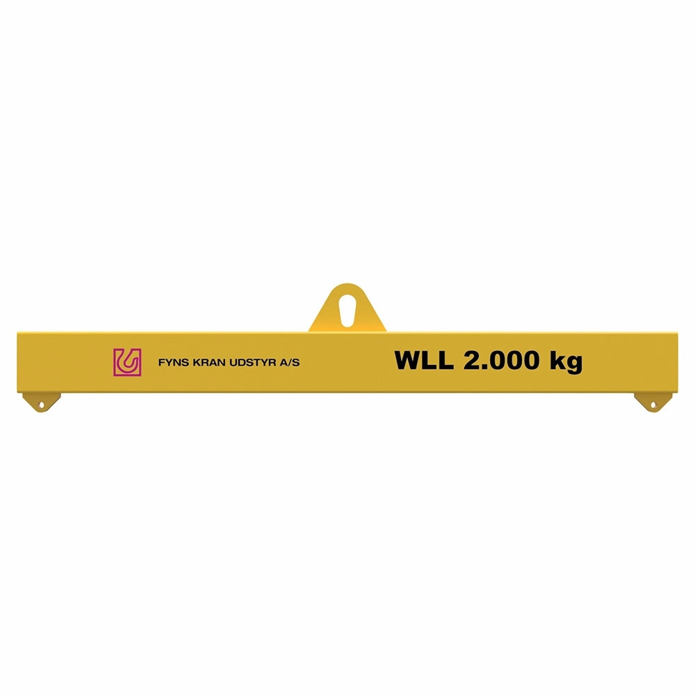 Gult løfteåg med central krog, tekst "WLL 2.000 kg" og "FYNS KRAN UDSTYR A/S" på siden.