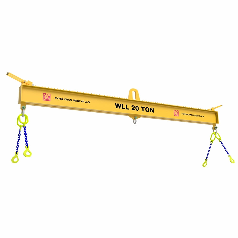 Gul løftebjælke med tekst "WLL 20 TON", logo og kæder med kroge i hver ende.