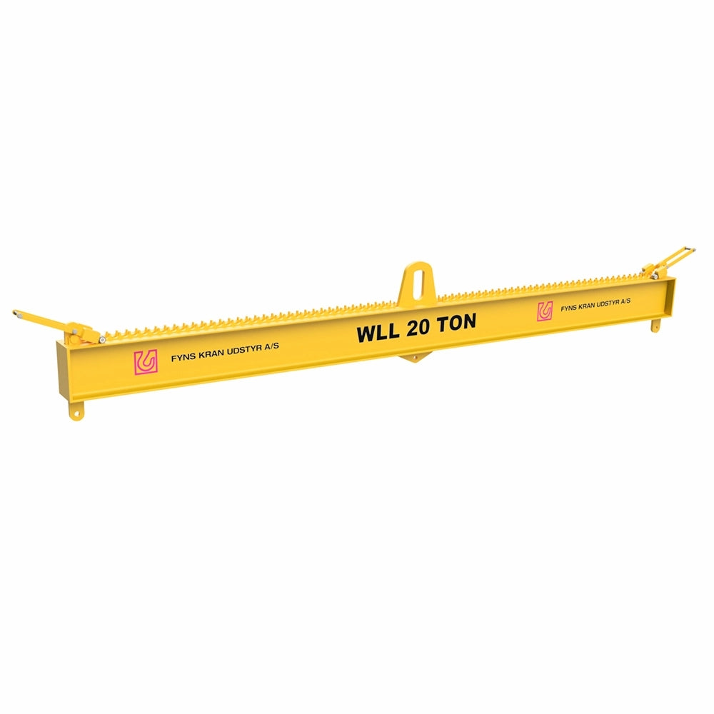 Gul løftebjælke med "WLL 20 TON" og logoer for "FYNS KRAN UDSTYR A/S" på begge sider.