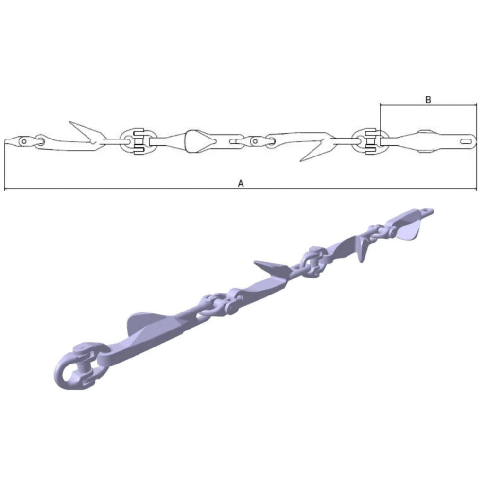 Produkt med led, teknisk tegning og 3D-model, dimensioner "A" og "B" angivet.
