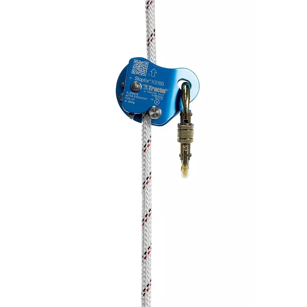 Blå Tractel Rebbremse Stopfor KS 150 kg på reb med karabinhage, maks. belastning 150 kg.