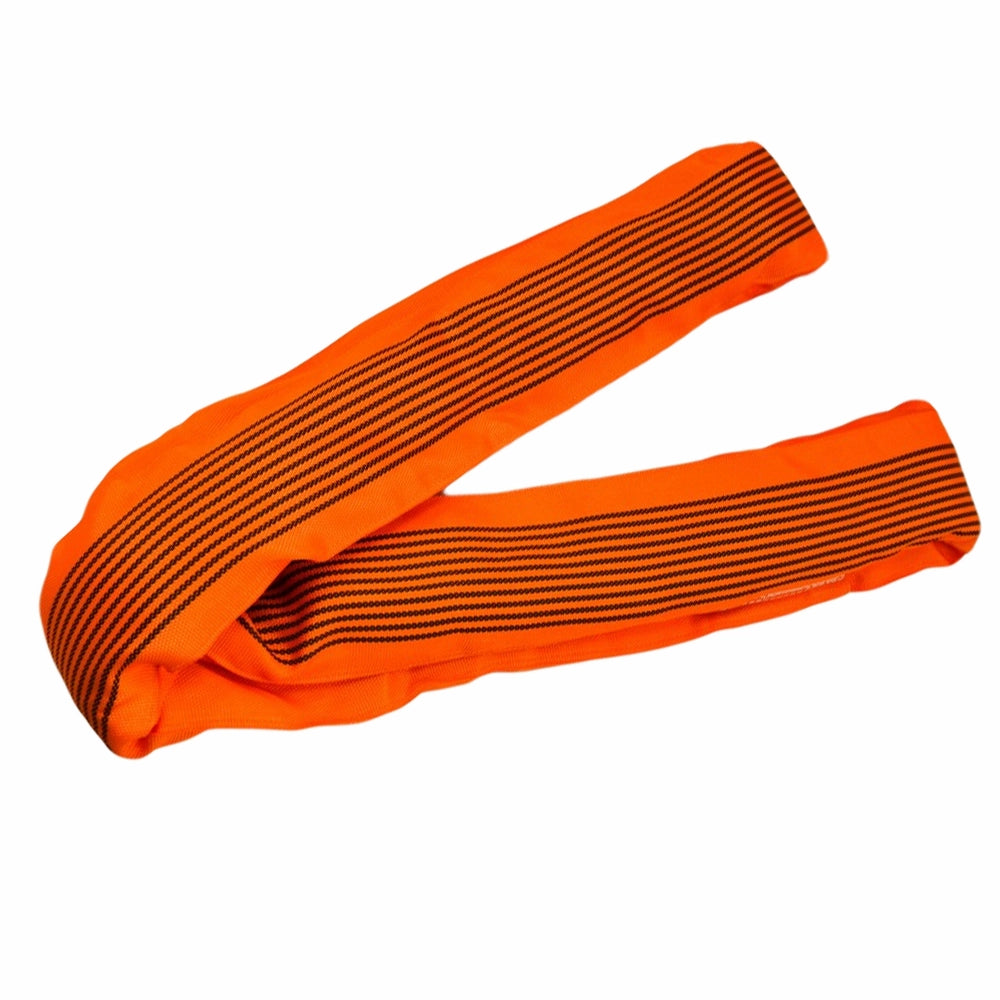 Orange sømløst rundsling med sorte striber, loopet form.