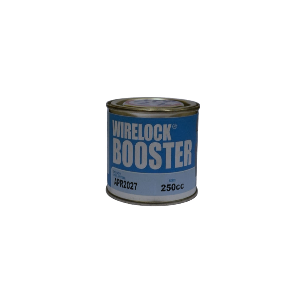 Dåse med blå etiket, mærket "WIRELOCK BOOSTER", 250cc, dato "APR2027".