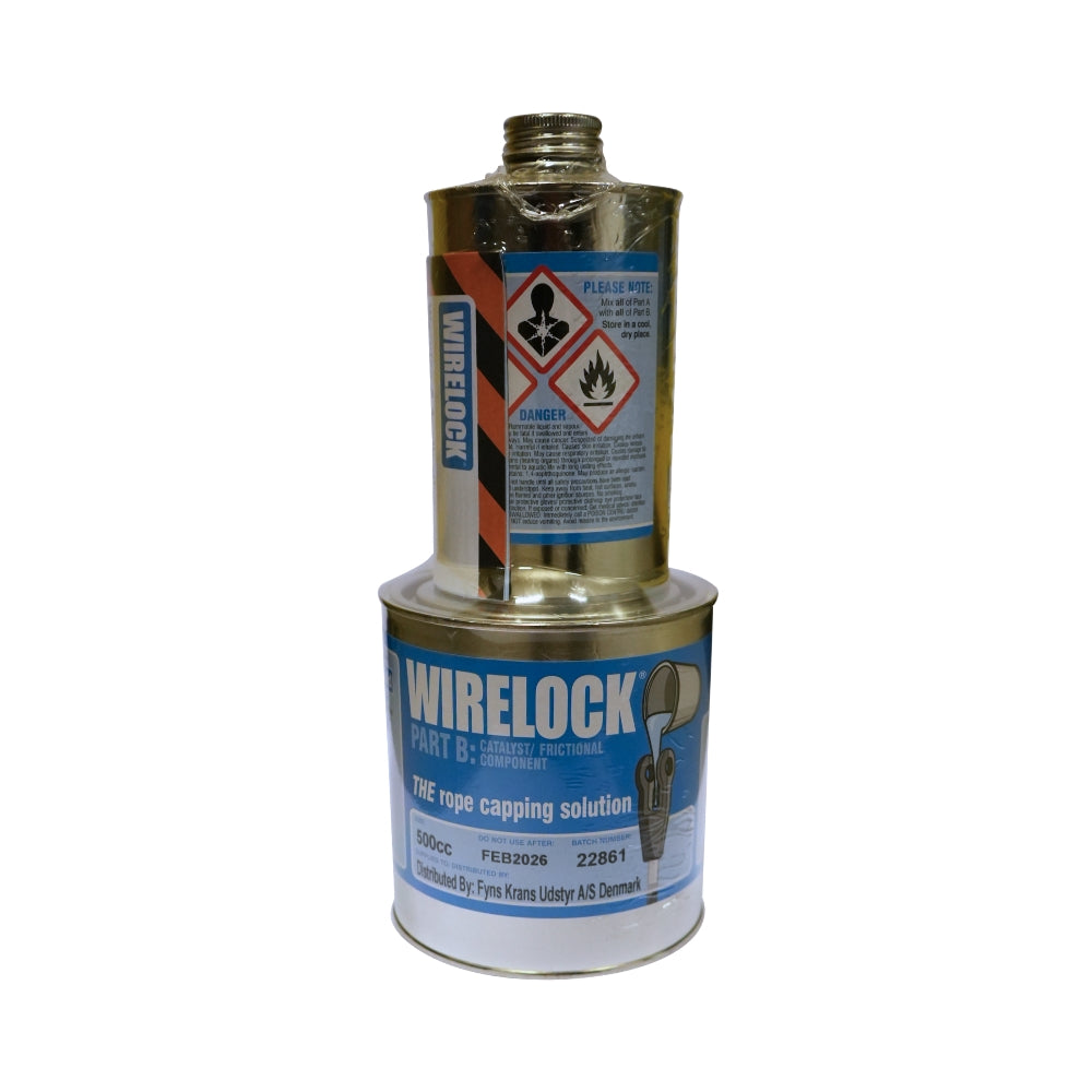 To metalbeholdere mærket "Wirelock," med advarsler og produktinfo. Volumen: 500cc.