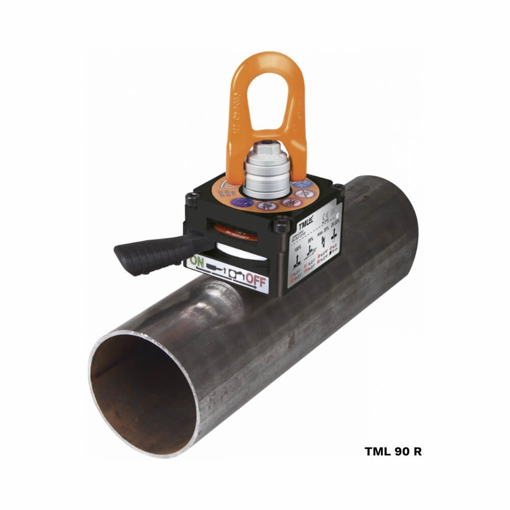 ALFRA TML 50 R rør løftemagnet med orange løfteøje og "ON/OFF" håndtag på metalrør.