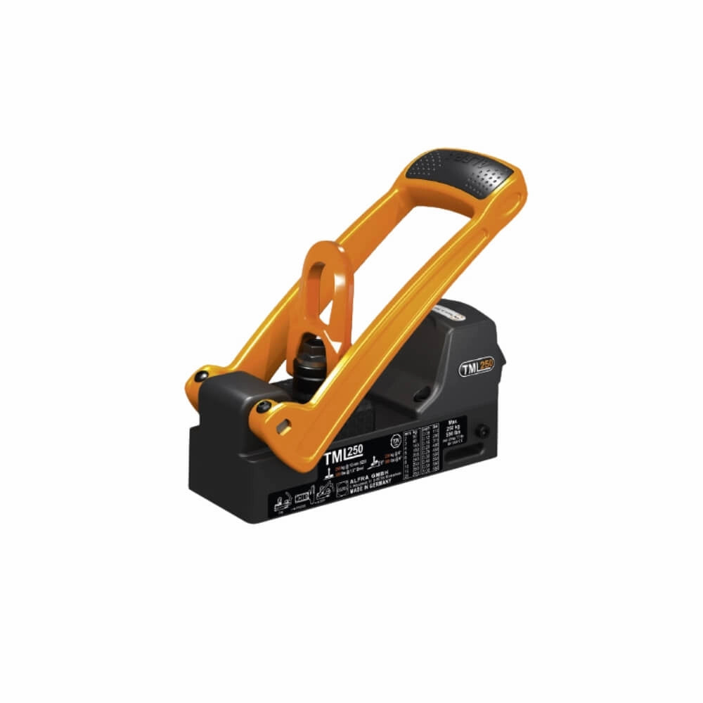 ALFRA løftemagnet TML-250Kg med håndtag, drejeøje og sikkerhedsmærkninger. Kompakt og robust design.