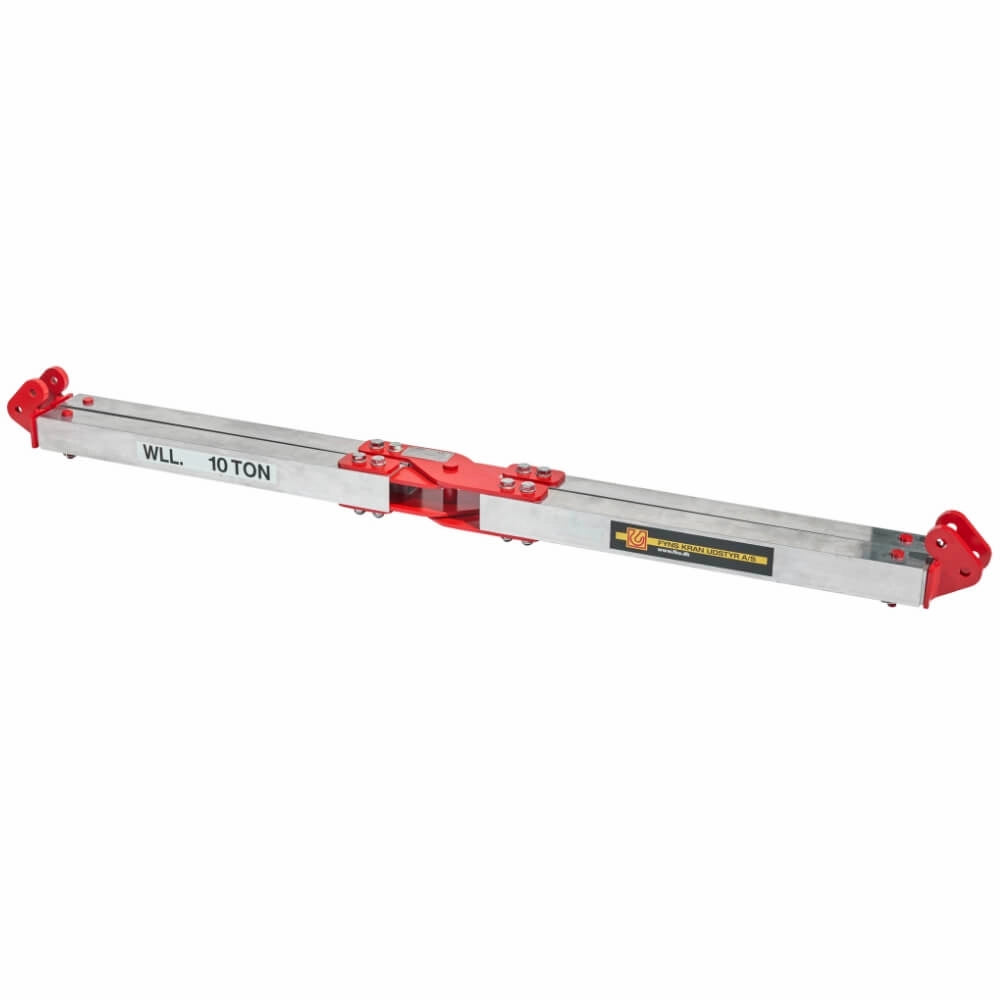 Metalstruktur med røde dele og teksten "WLL 10 TON". Primært sølvfarvet med røde elementer.