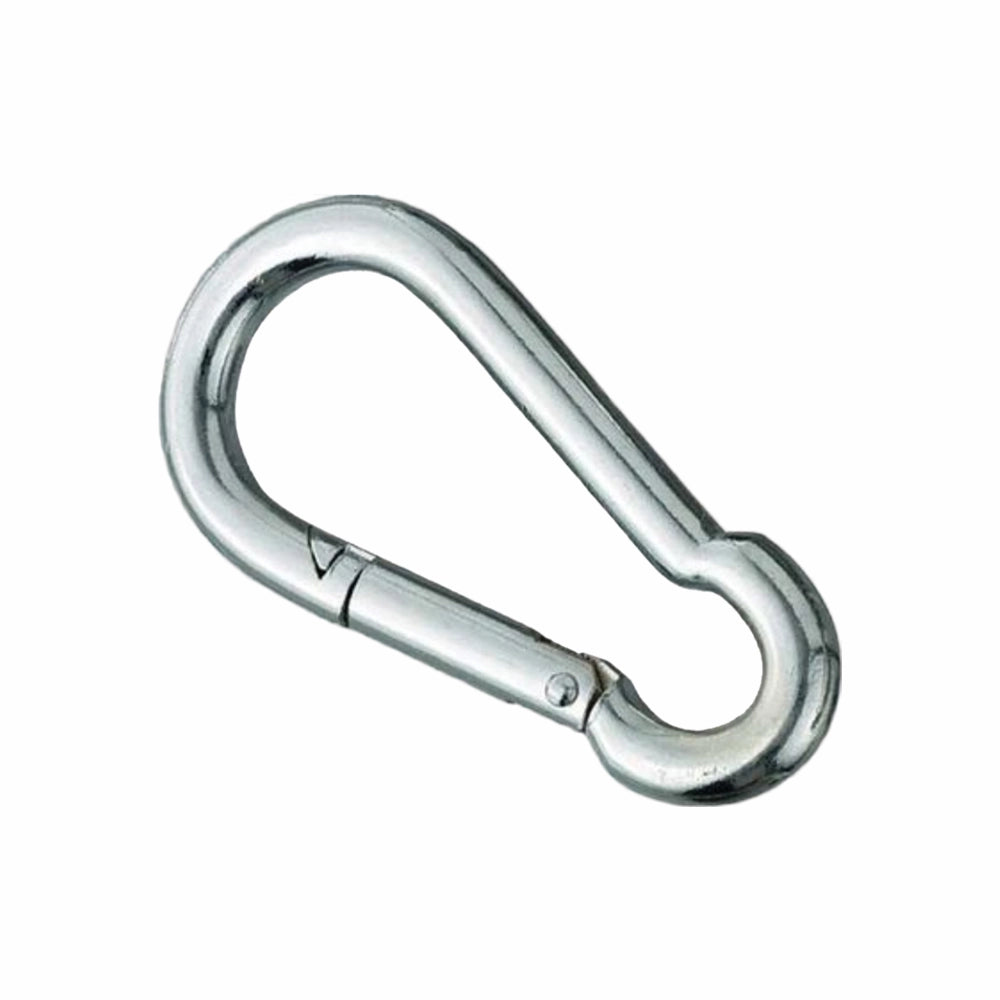 Dråbeformet karabinhage med blank overflade og synligt hængsel.
