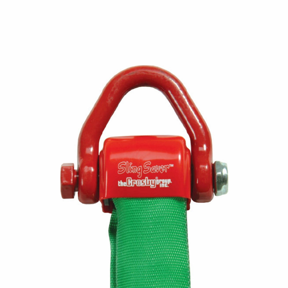 Rødt komponent med "Sling Saver" tekst, grøn slynge fastgjort. "the Crosby Group inc." branding.