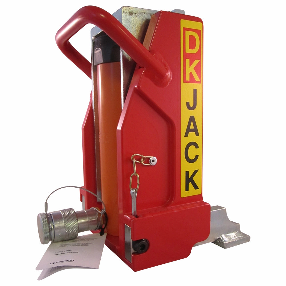 Rød DK Jack donkraft med sølvkomponenter og teksten "DK JACK" på siden, set fra en vinkel.