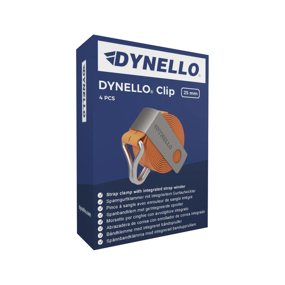 Blå æske med DYNELLO Clip 25mm, orange bånd og metalclip. Båndet er oprullet, viser funktion.