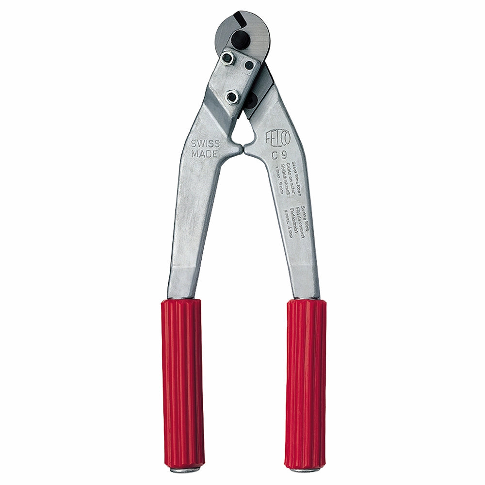 Sølvfarvet wireklipper med røde, rillede håndtag. Robust design til præcis klipning af kabler.