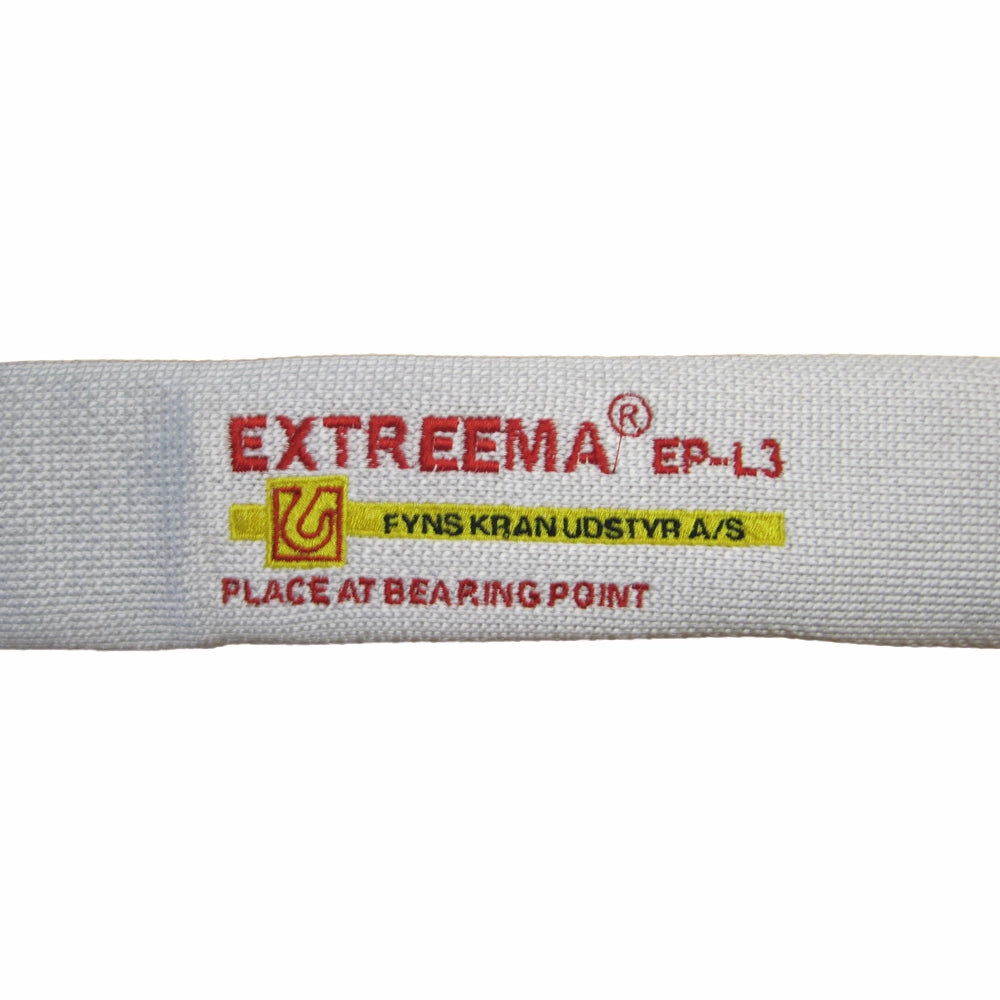 Hvidt beskyttelseshylster med rød tekst "EXTREEMA EP-L3" og gul etiket "FYNS KRAN UDSTYR A/S".