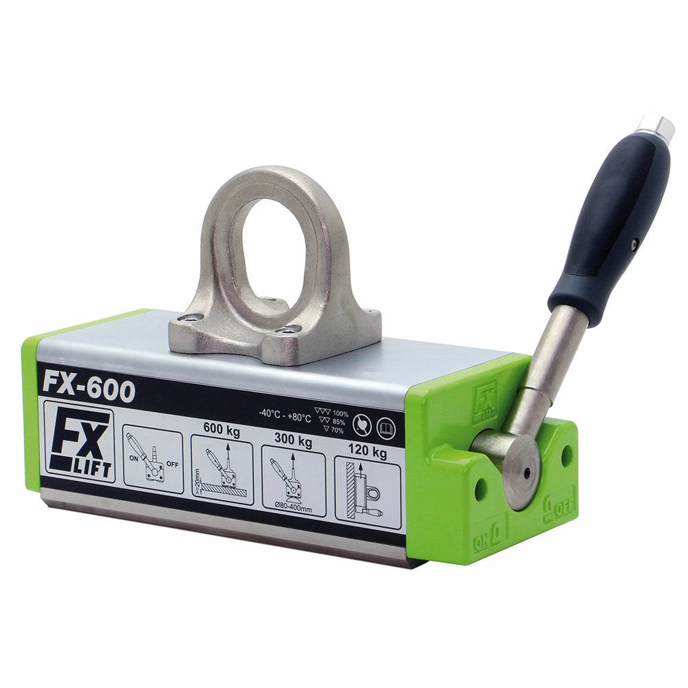 Magnetløfter FX-600 med løkke, ON/OFF håndtag, kapaciteter 600/300/120 kg, -40°C til +80°C.