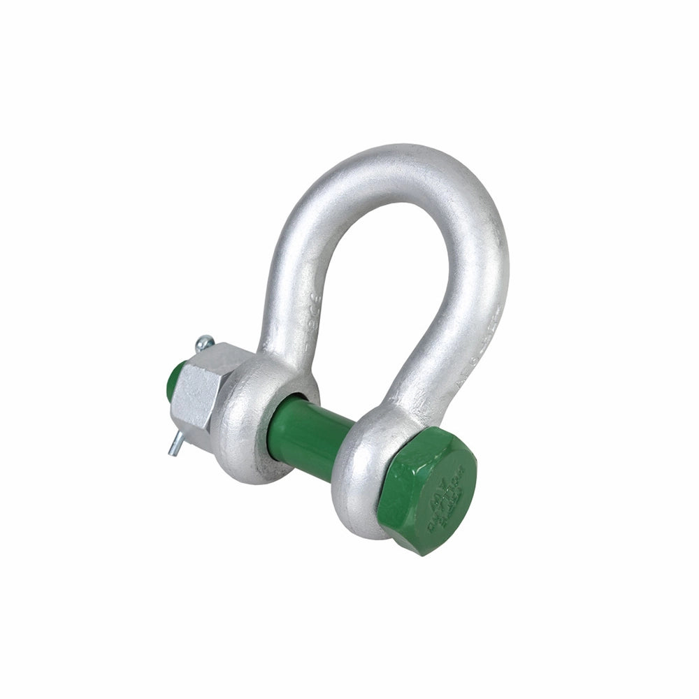 Bueformet sjækel med grøn tap og bolt. Sjæklen er robust og designet til tung belastning.