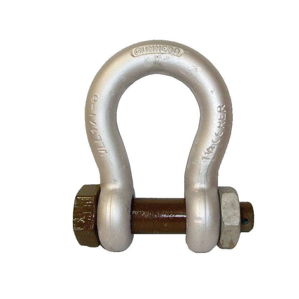 Metal sjækel fra Gunnebo, U-formet med "GUNNEBO" og "1 1/2" indgraveret.