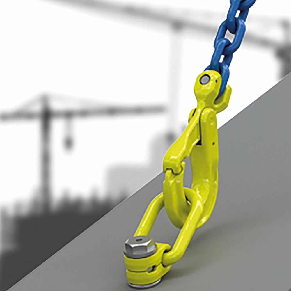Gul svirveløjebolt forbundet med blå kæde, baggrund med sløret kran.