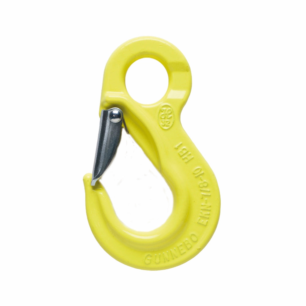 Gul krog med teksten "Gunnebo EKN 16-10 HBL", robust design, metalspænde.
