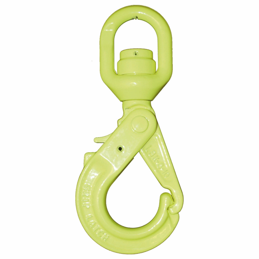 Gul Gunnebo Svirvelsikkerhedskrog LKBK 16-10 med øjeformet top og tekst "GRIP LATCH".