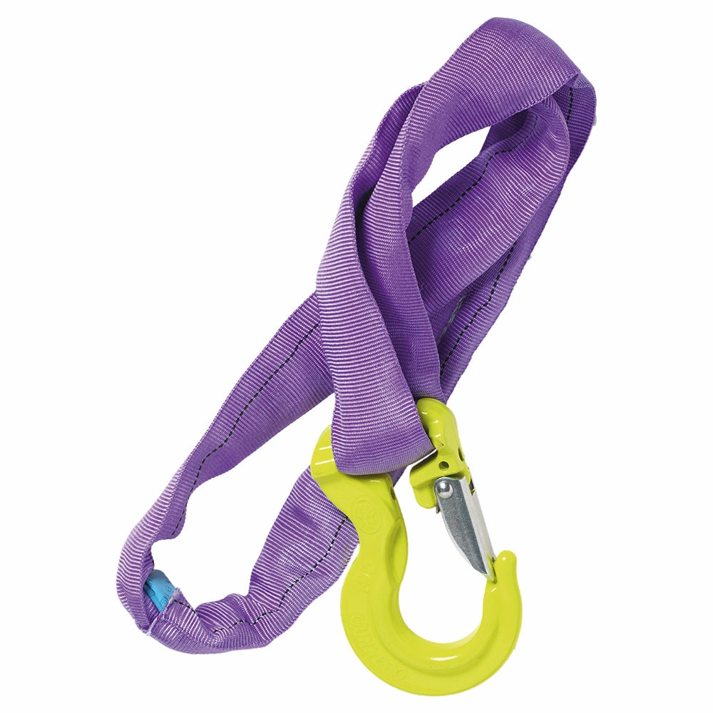 Gul krog med sikkerhedslås fastgjort til lilla slynge. Tekst "GrabiQ RH-2 10" synlig på krogen.