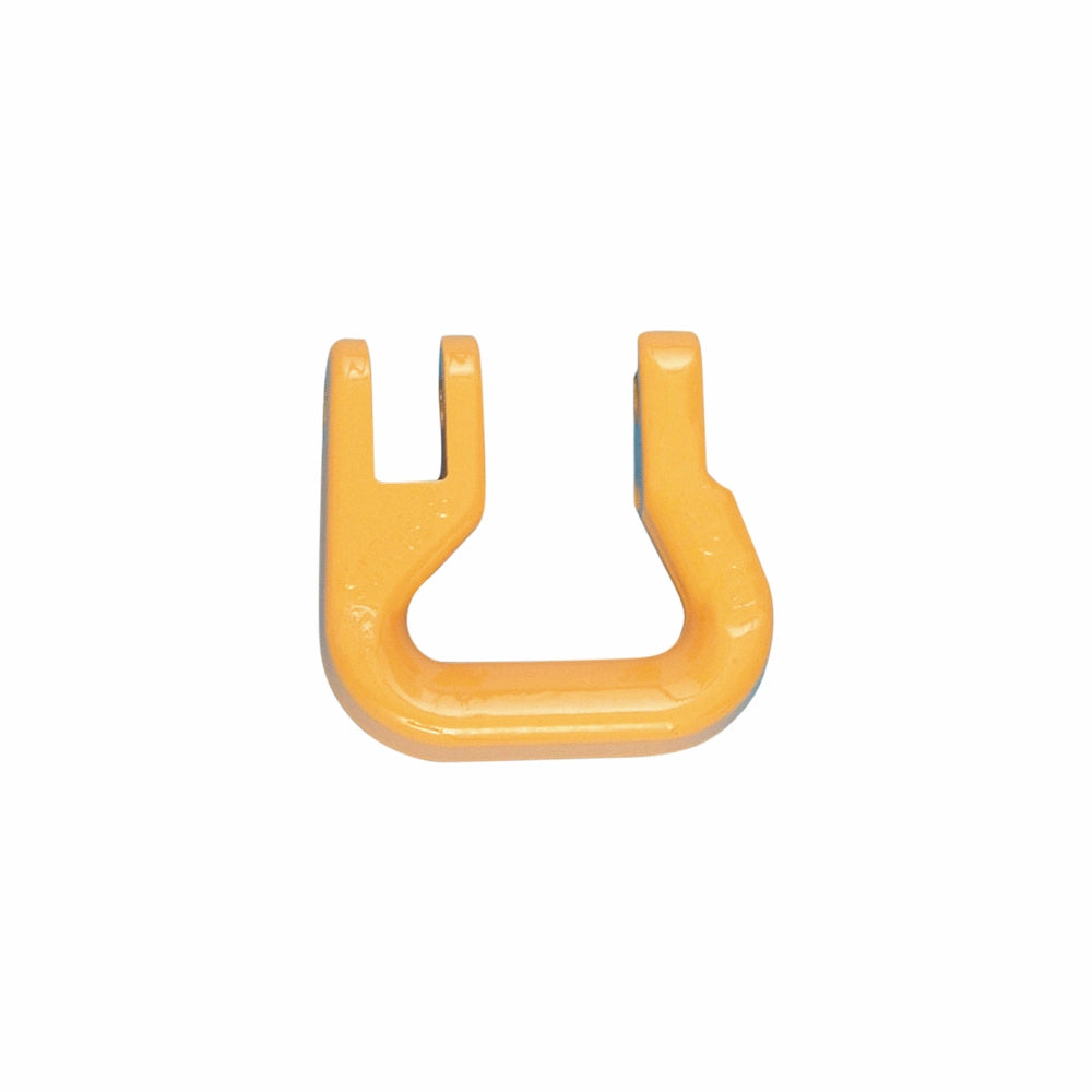 Gul U-formet komponent med to parallelle tænder øverst, designet til rundslingskobling.