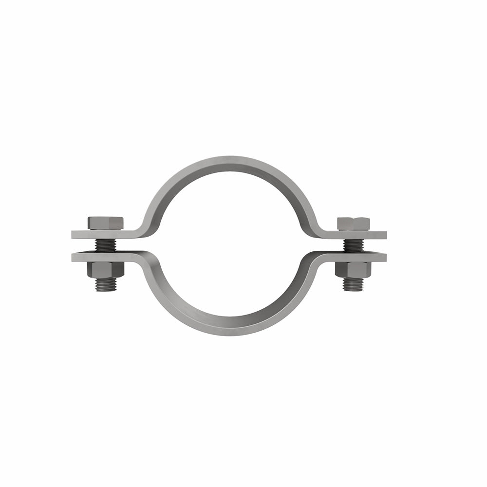 Rørklemme med rund form, to bolte på hver side til fastgørelse, set forfra.