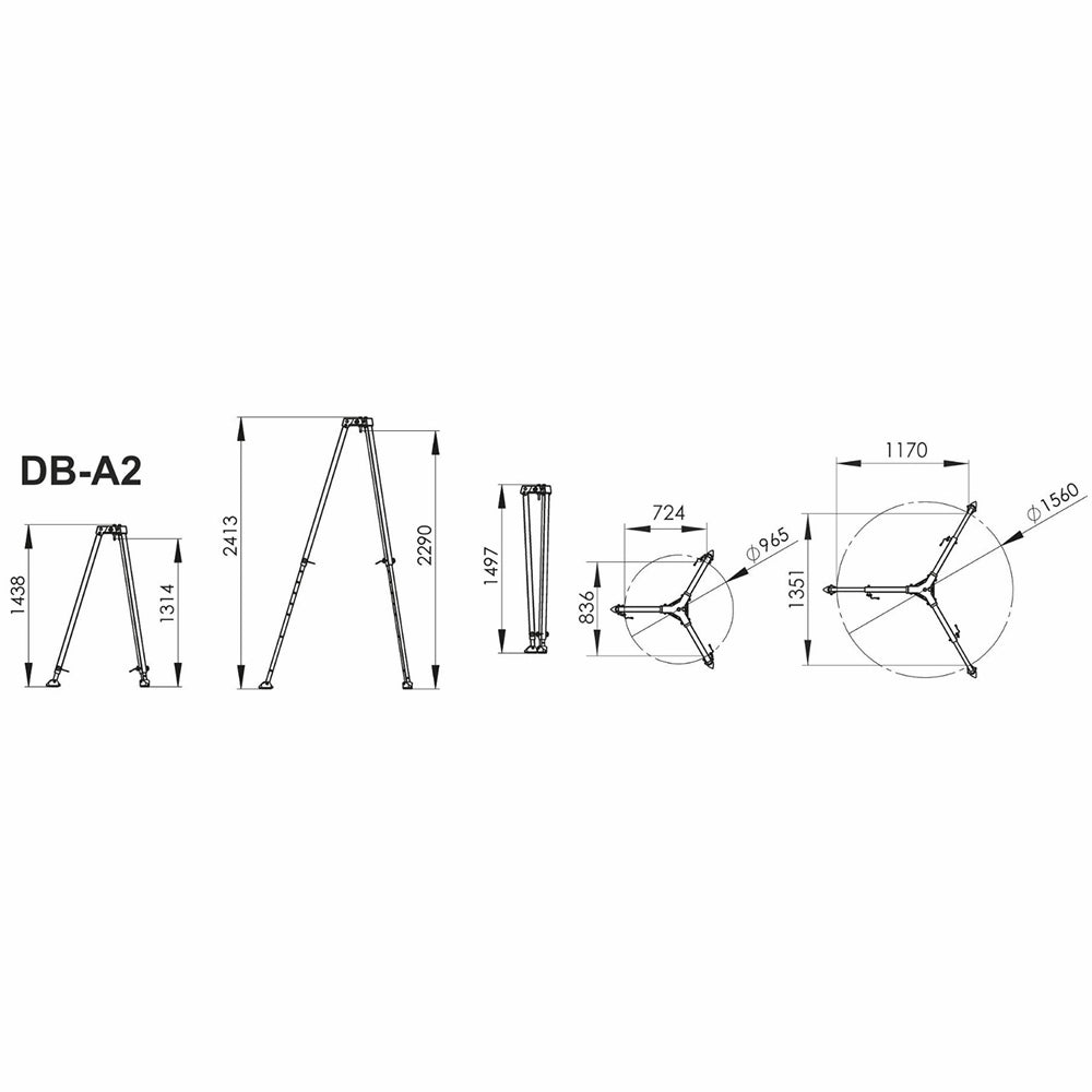 Teknisk diagram af tripod med højde 2413 mm og base diameter 1560 mm, model DB-A2.