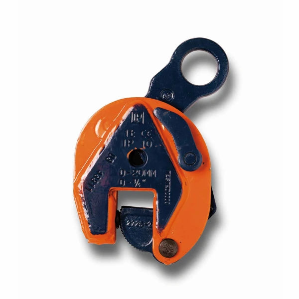 Løfteklo i orange og mørkeblå med øje til fastgørelse. Tekst viser kapacitet "0-50mm".