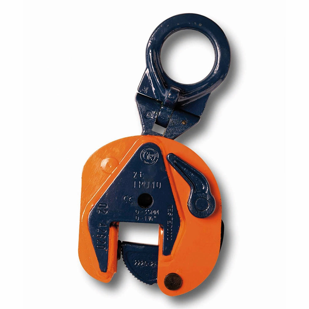Løfteklo i orange og blå med teksten "IPU10" og "1.00T/0-20mm" på overfladen.