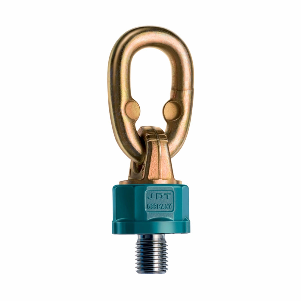 Gylden svirveløjebolt med teal base. Teksten "JDT GERMANY" er synlig på basen.